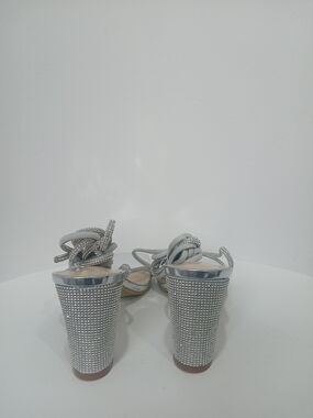Silver Rhinestone Block Heel Sandals with Ankle Tie
